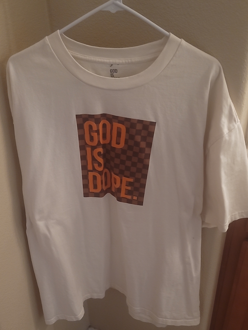 "God Is Dope" Graphic Tee in White with Brown/Orange Print